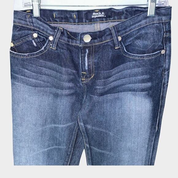 Rock & Republic Jeans Women Sz30 Blue Flare Wide Boot Cut Leg Low Rise Dark Wash - Picture 2 of 8